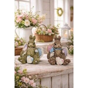 Vtg  Easter Bunny Rabbit Resin Patchwork Pillows Boy And Girl  Farmhouse Country